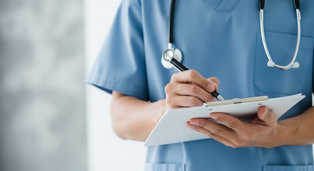 nurse taking notes on a clipboard