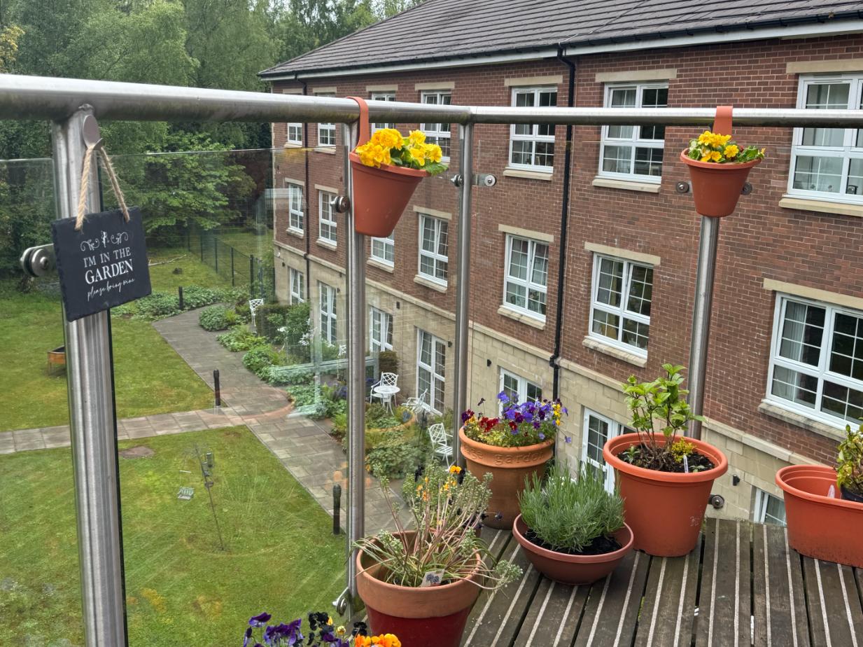 pots of flowers on a glass-walled balcony