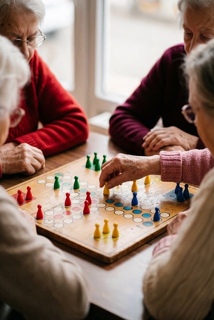 elderly care home residents playing a wooden board game